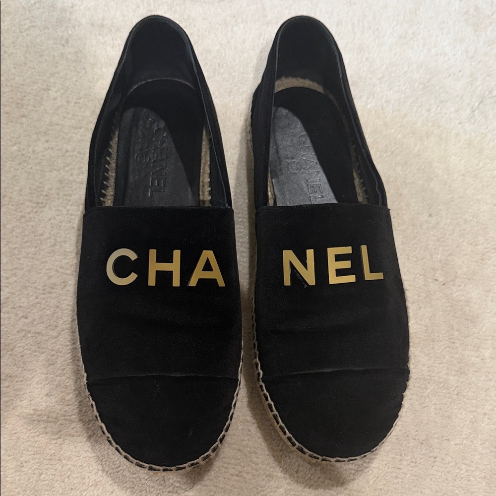 CHANEL Black Suede Espadrilles with Gold Lettering